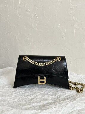 Balenciaga Black Crinkled Leather Hourglass Chain Shoulder Bag with Gold-Tone Ha